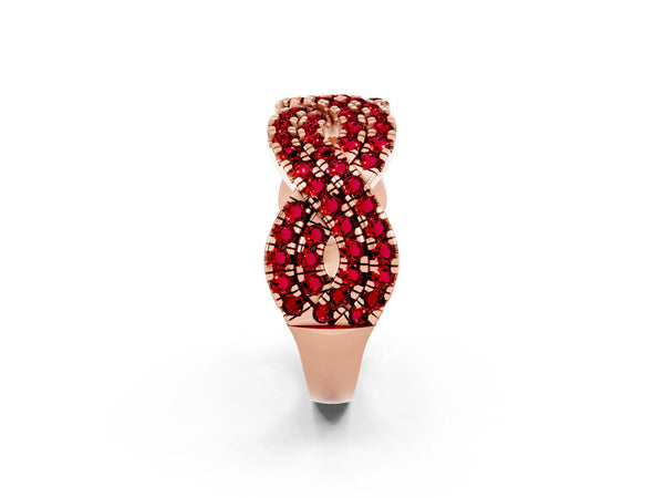 Rose Gold Round Lab-Grown Ruby Pave Infinity Twist Wedding Band with Shared Prongs