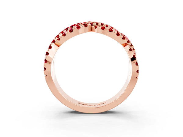 Rose Gold Round Lab-Grown Ruby Pave Infinity Twist Wedding Band with Shared Prongs