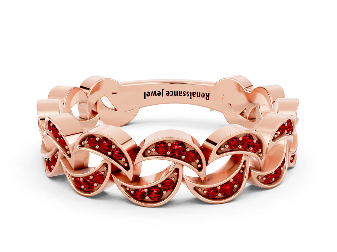 Rose gold Pavé Round Ruby Interlocking Eternity Band with Bezel Prong Setting_6