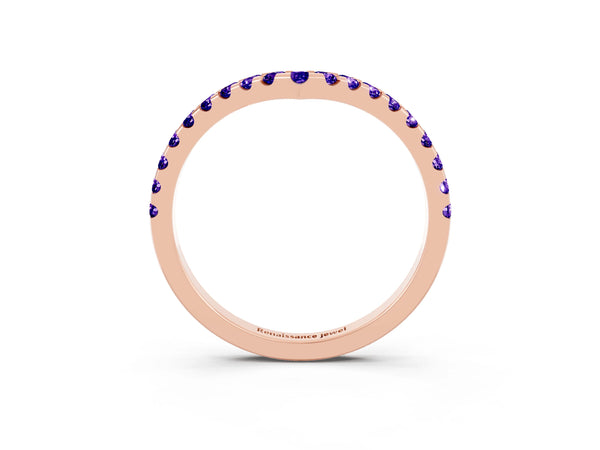 Rose Gold Round Tanzanite Pave Chevron Curved Wedding Band with Shared Prongs