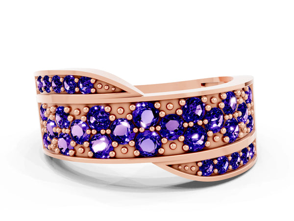 Rose gold Pavé Round Tanzanite Crossover Band with Bead Prong Setting