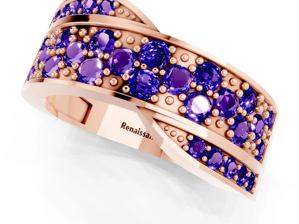 Rose gold Pavé Round Tanzanite Crossover Band with Bead Prong Setting