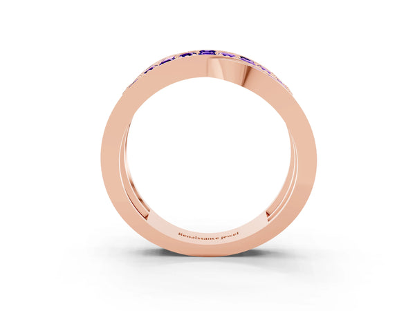 Rose gold Pavé Round Tanzanite Crossover Band with Bead Prong Setting