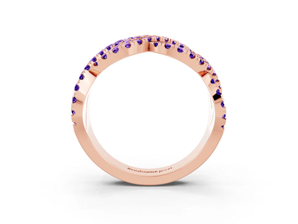 Rose Gold Round Tanzanite Pave Infinity Twist Wedding Band with Shared Prongs