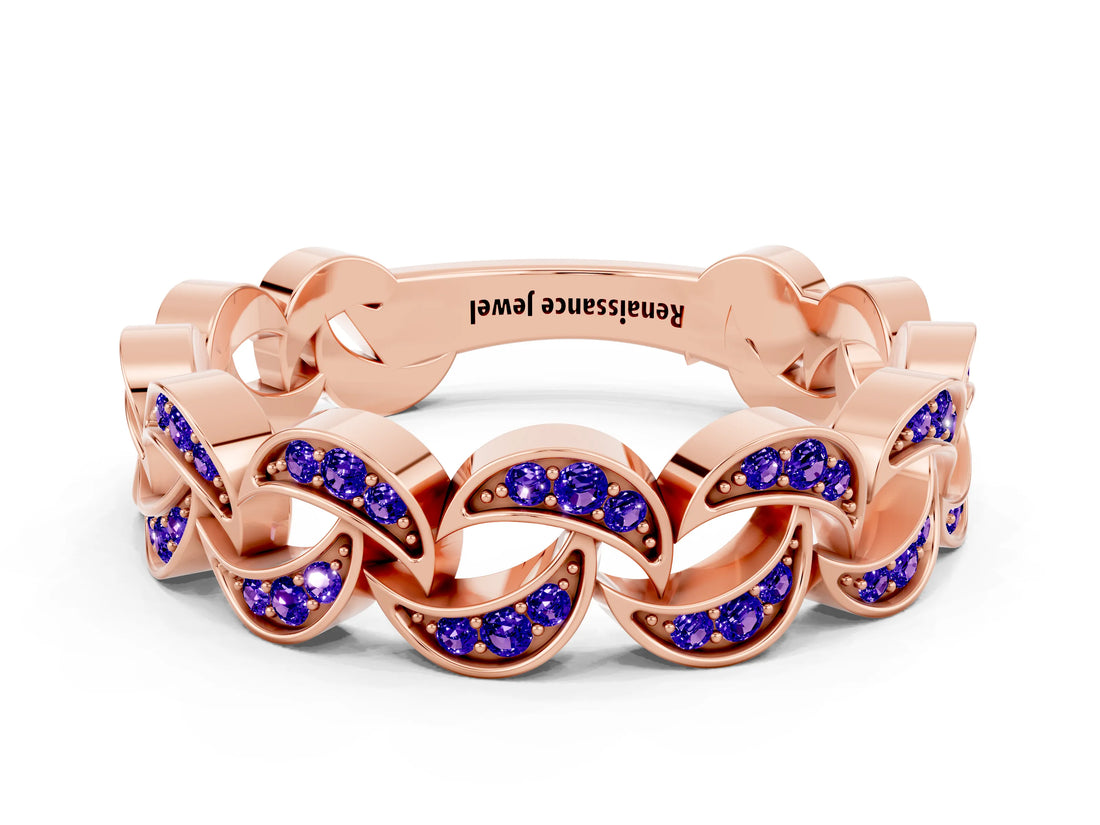 Rose gold Pavé Round Tanzanite Interlocking Eternity Band with Bezel Prong Setting_6