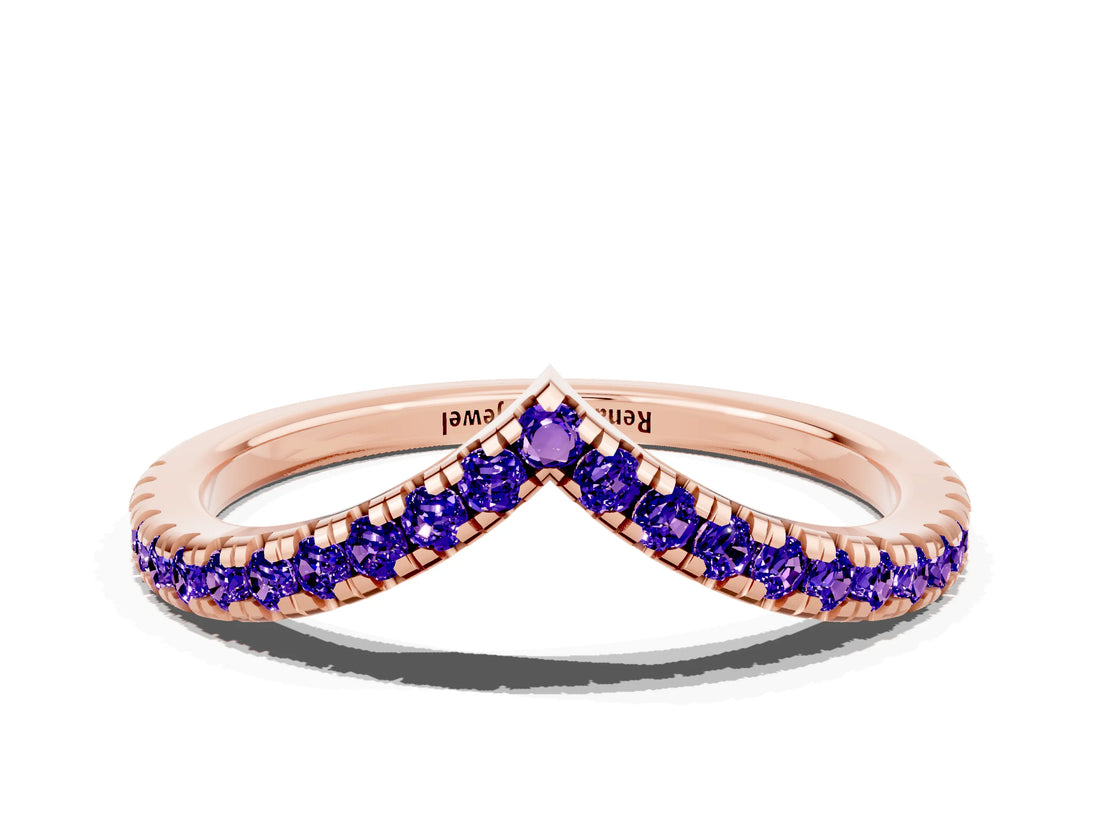 Rose gold Pavé Round Tanzanite V-Shaped Chevron Band with Shared Prong Setting_6