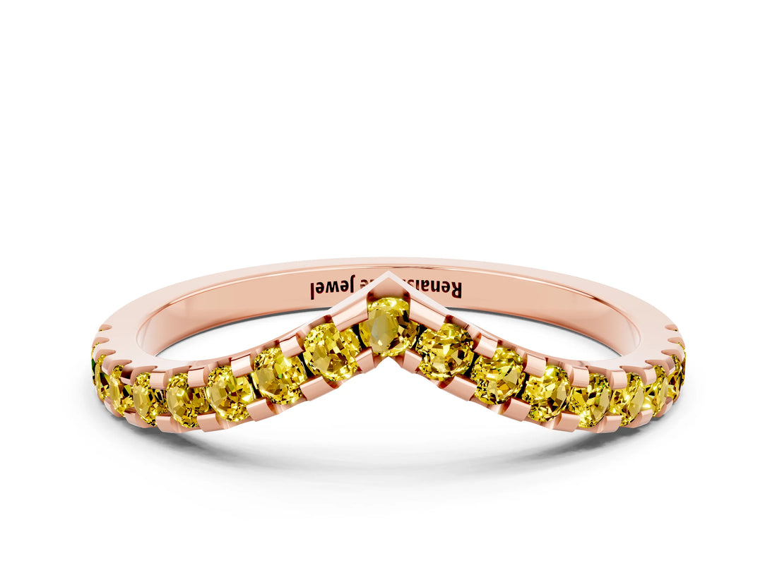 Rose gold Pavé Round Yellow Sapphire Chevron Band with Shared Prong Setting_18