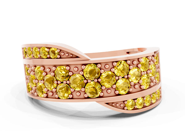 Rose gold Pavé Round Yellow Sapphire Crossover Band with Bead Prong Setting