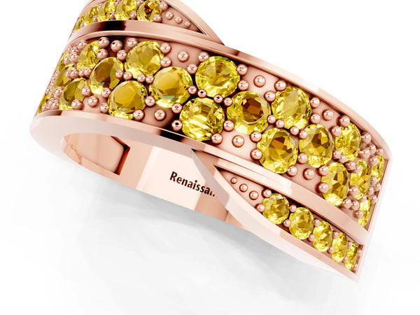 Rose gold Pavé Round Yellow Sapphire Crossover Band with Bead Prong Setting
