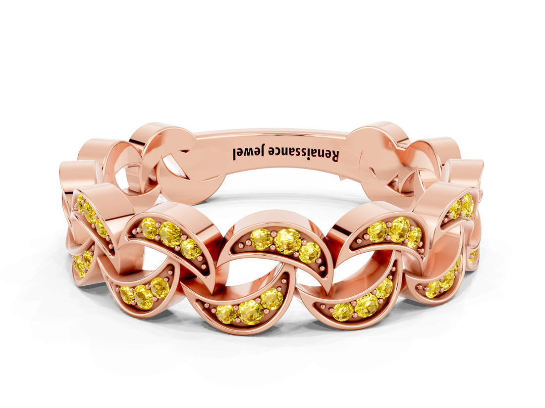 Rose gold Pavé Round Yellow Sapphire Interlocking Eternity Band with Bezel Prong Setting_6