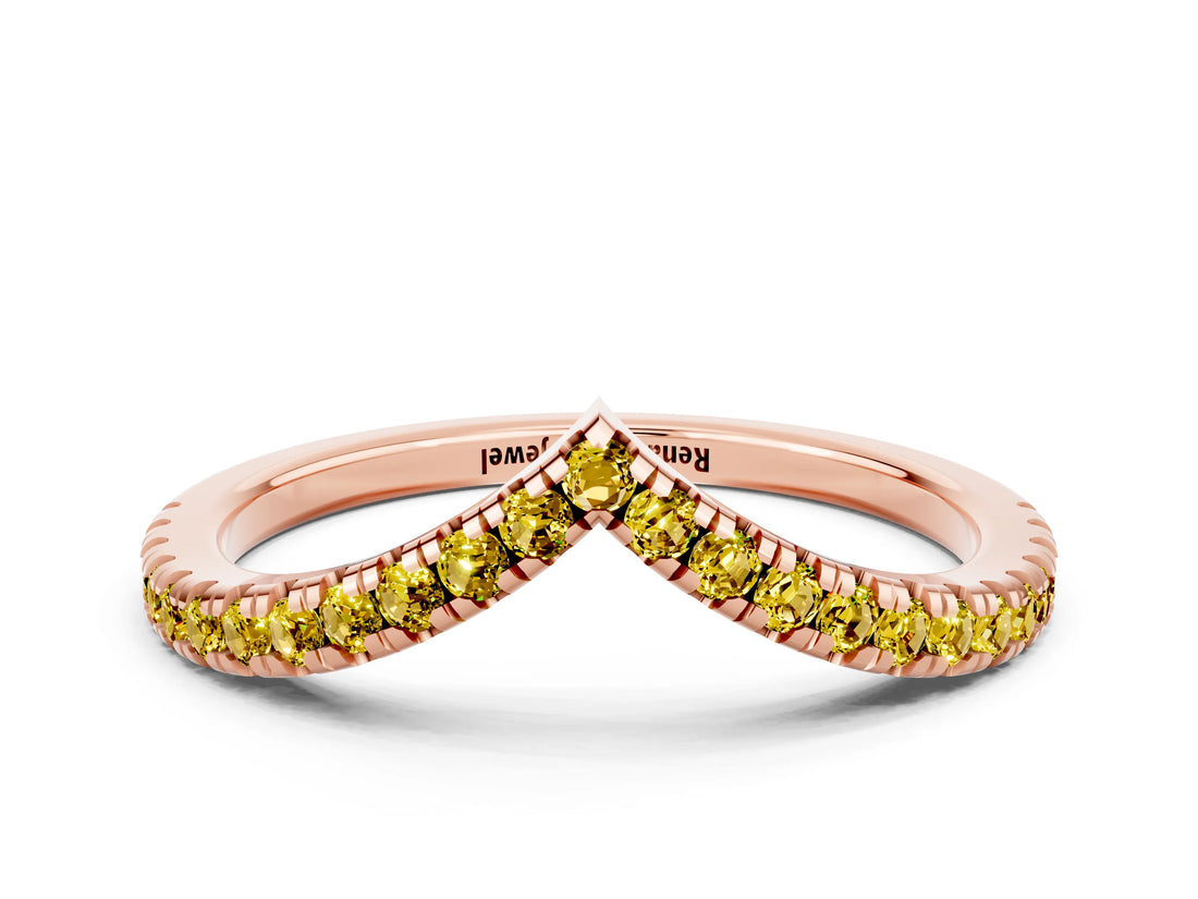 Rose gold Pavé Round Yellow Sapphire V-Shaped Chevron Band with Shared Prong Setting_18