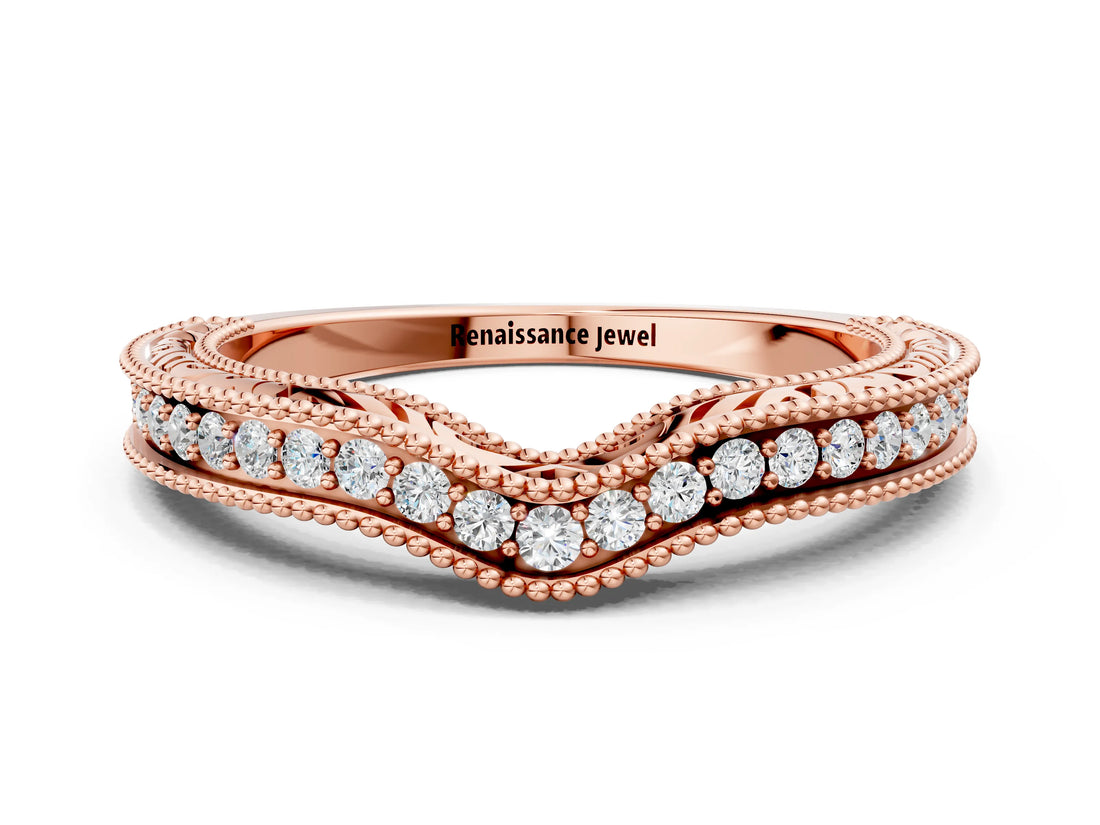 Rose gold Pave Round Diamond Curved Milgrain Band_14