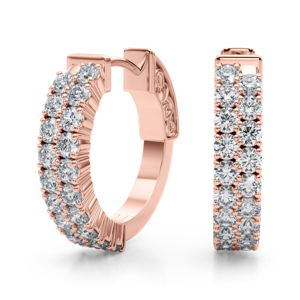Rose gold Pave Round Diamond Hoop Earrings with Channel Band and Shared Prong Setting