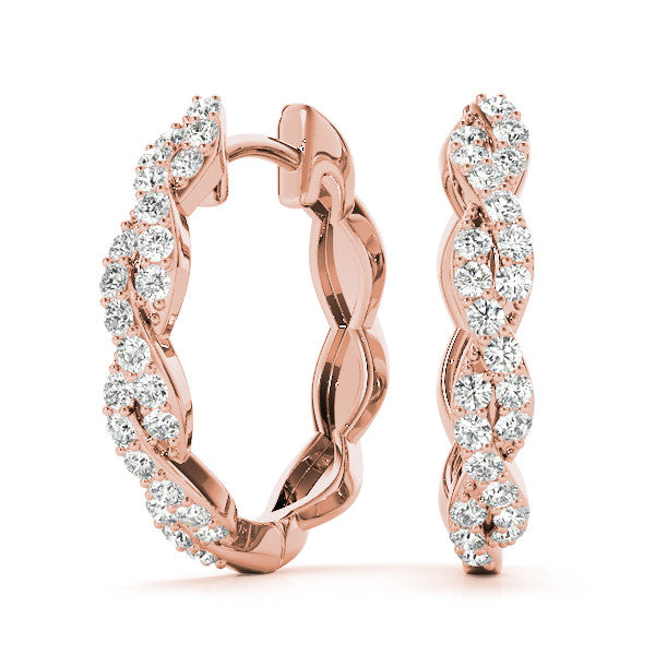 Rose gold Pave Round Diamond Twisted Hoop Earrings with Shared Prong Setting