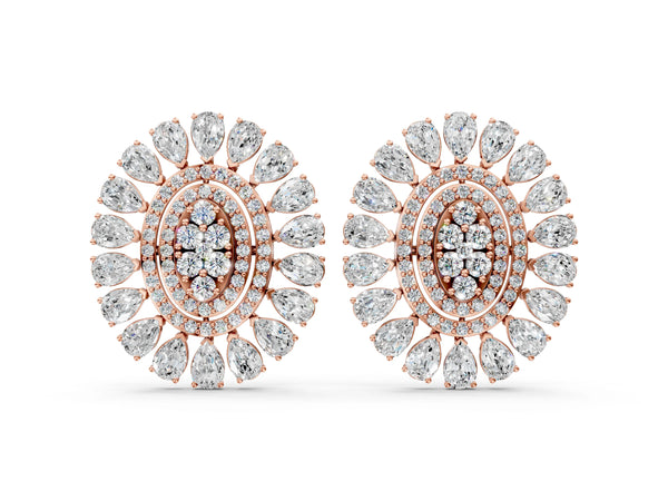Rose gold Pear Blue Sapphire Halo Stud Earrings with Round Diamond Cluster Center