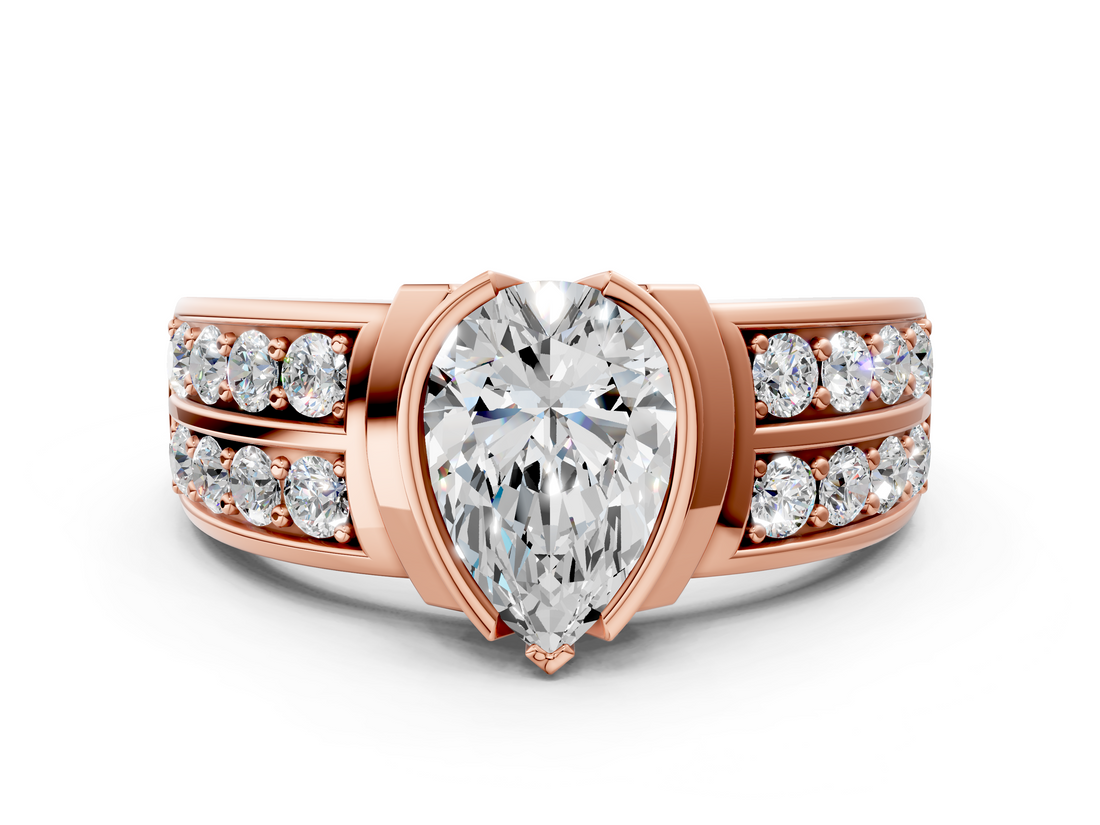 Rose gold Pear Brilliant Diamond Channel Set Wide Band Ring with Bezel Setting_54