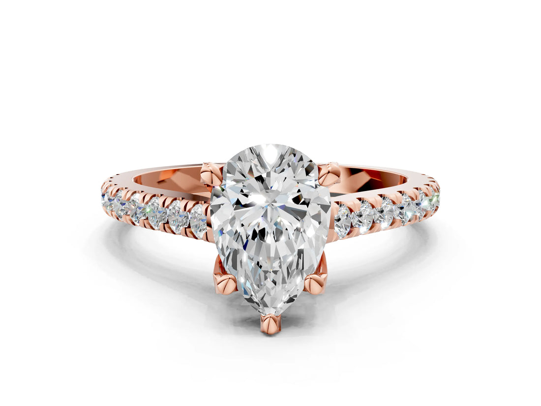 Rose gold Pear Brilliant Diamond Solitaire with Pavé Band and Four-Prong Setting