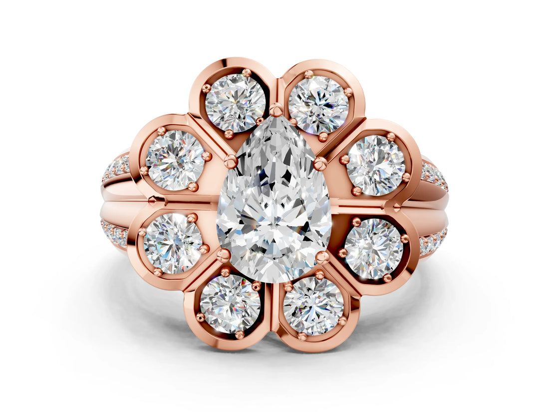 Rose gold Pear Brilliant Flower Halo Diamond Split Shank Ring_63