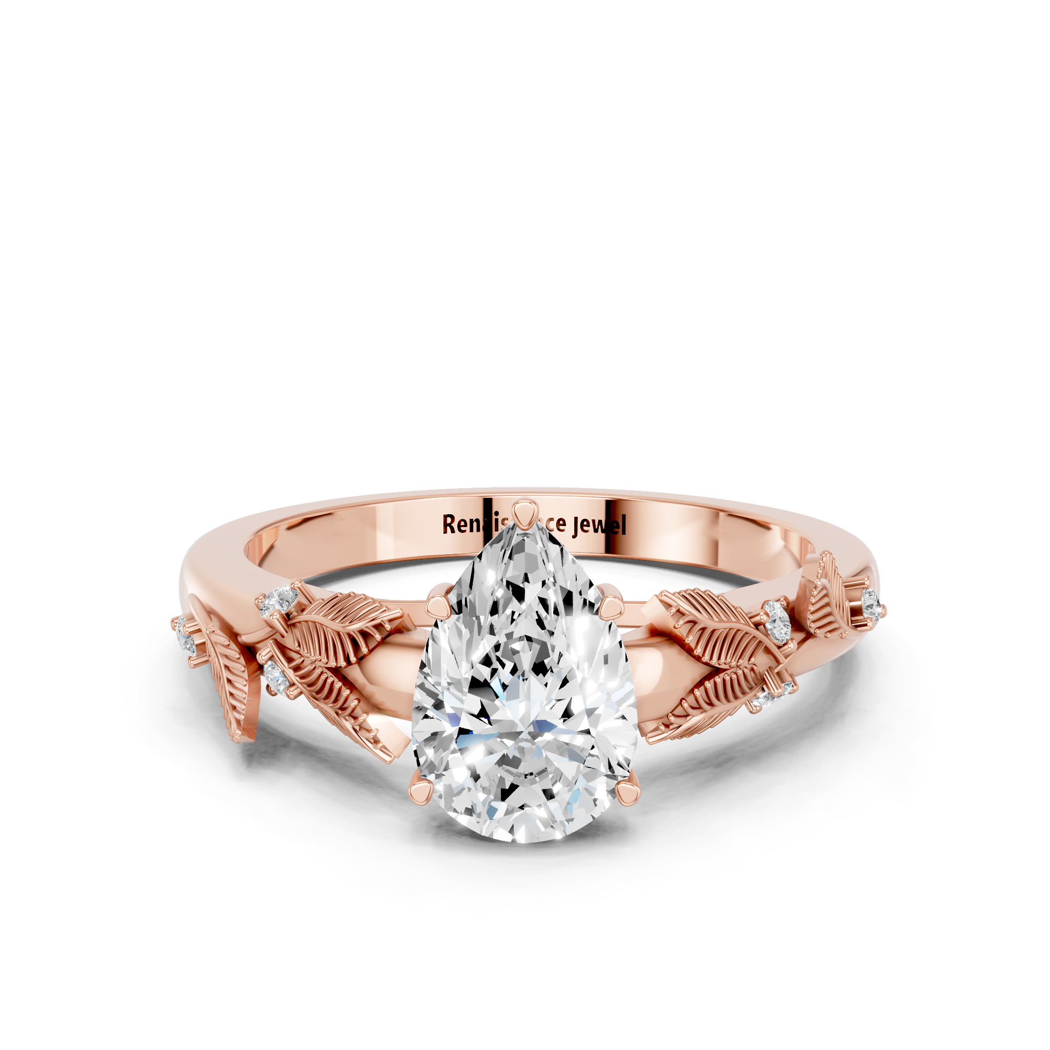 Rose gold Pear Brilliant Solitaire with Leaf Motif Band and Four-Prong Setting_17
