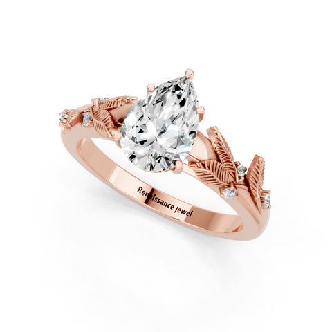 Rose gold Pear Brilliant Solitaire with Leaf Motif Band and Four-Prong Setting_9