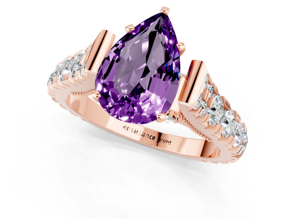 Rose gold Pear Cut Amethyst Classic Solitaire Ring with Pavé Band and Four-Prong Setting