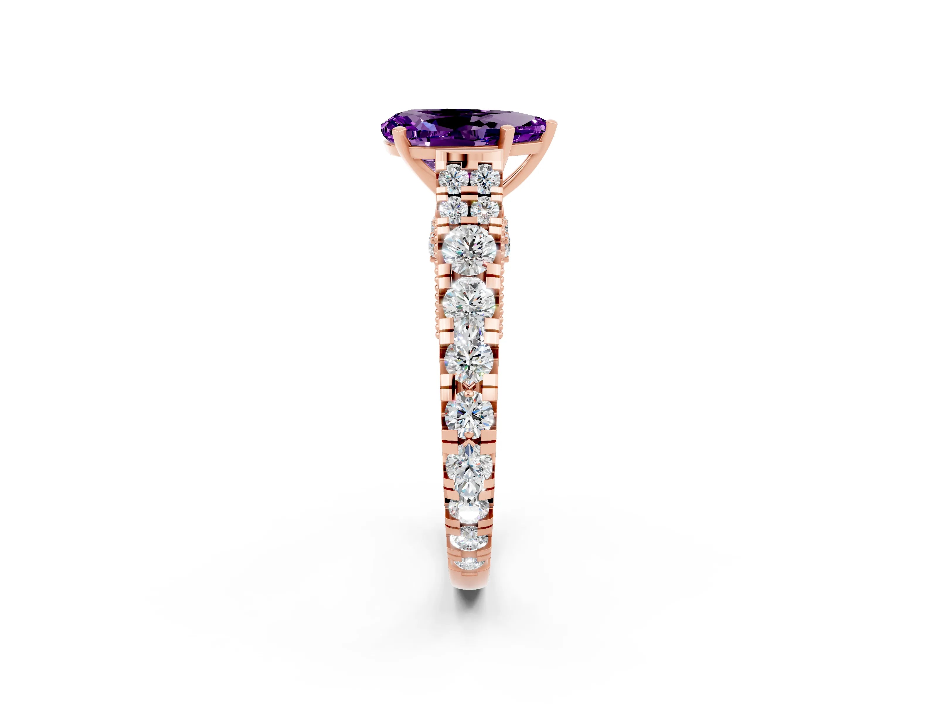 Rose gold Pear Cut Amethyst Classic Solitaire Ring with Pavé Band and Four-Prong Setting_2