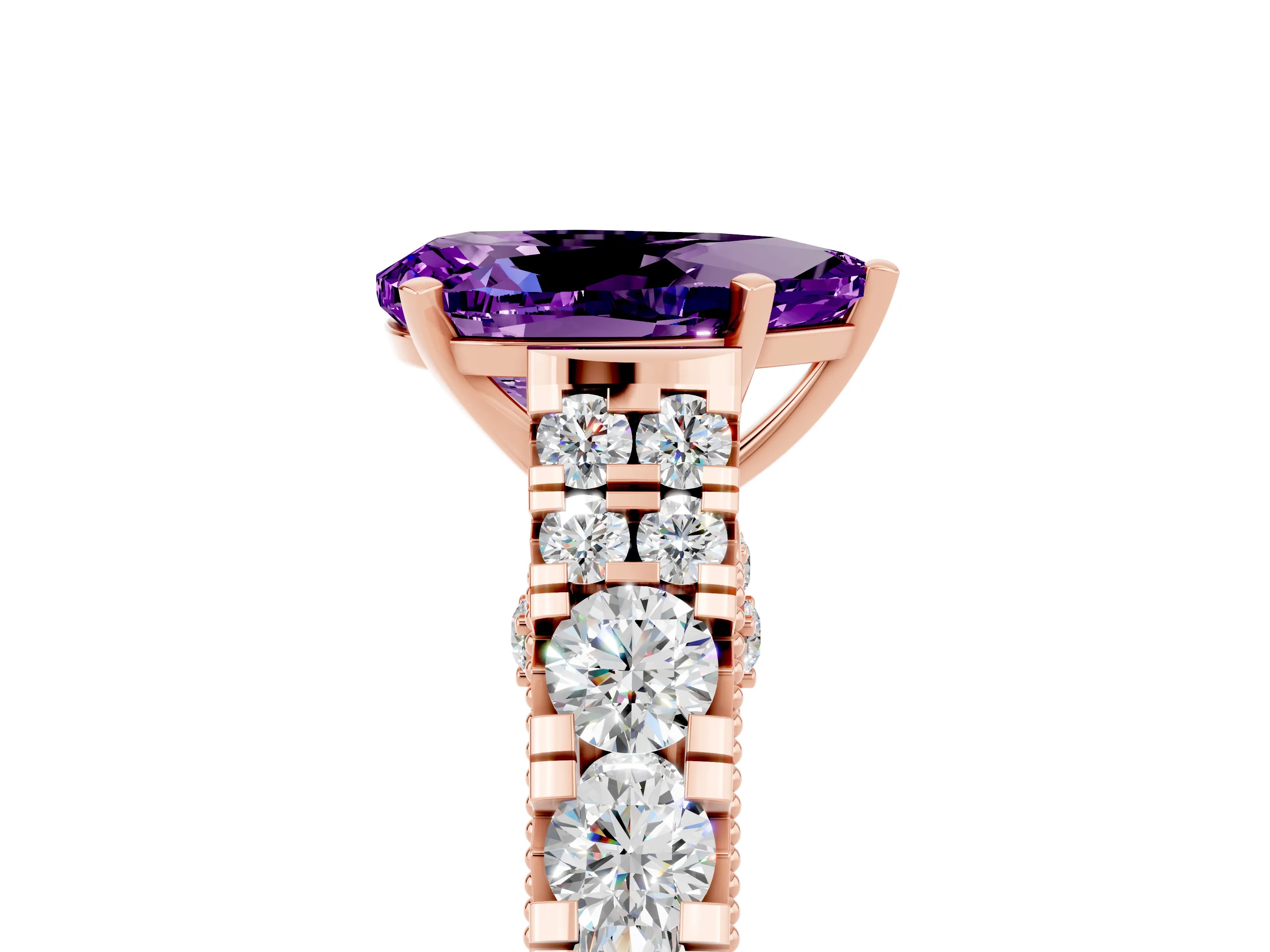 Rose gold Pear Cut Amethyst Classic Solitaire Ring with Pavé Band and Four-Prong Setting_5
