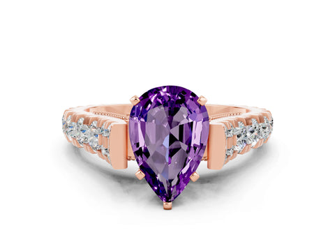Rose gold Pear Cut Amethyst Classic Solitaire Ring with Pavé Band and Four-Prong Setting