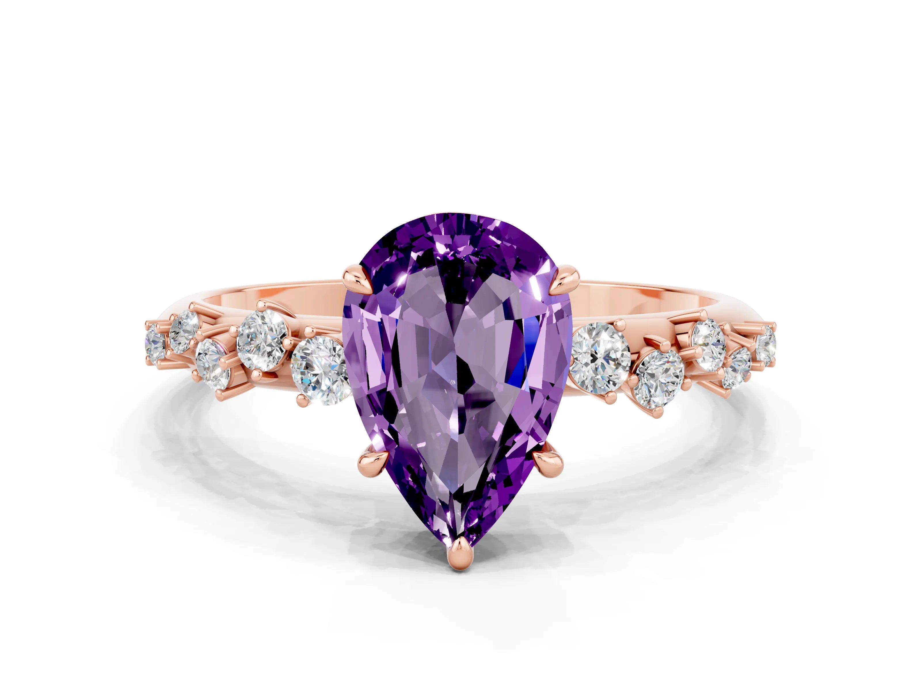Rose gold Pear Cut Amethyst Cluster Side Stone Solitaire Ring with Prong Setting_24