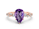 Rose gold Pear Cut Amethyst Cluster Side Stone Solitaire Ring with Prong Setting_24