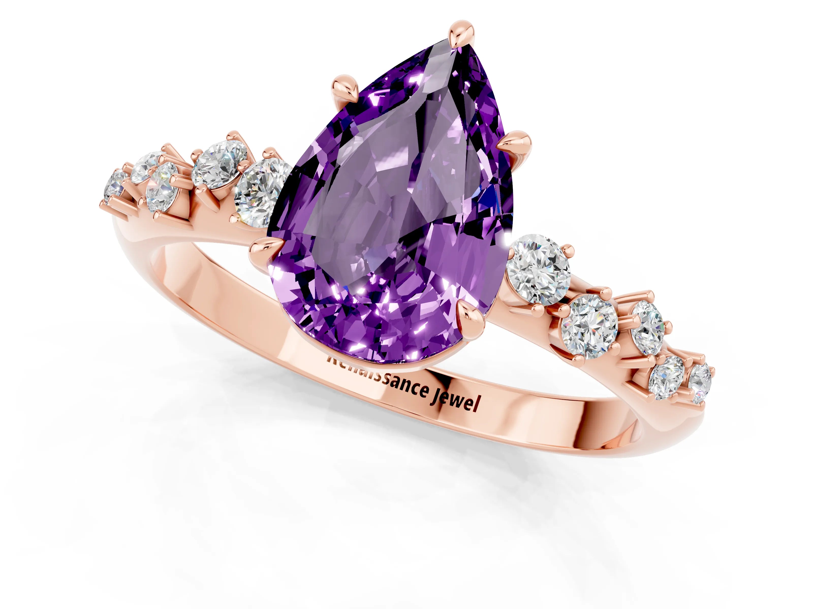 Rose gold Pear Cut Amethyst Cluster Side Stone Solitaire Ring with Prong Setting_25
