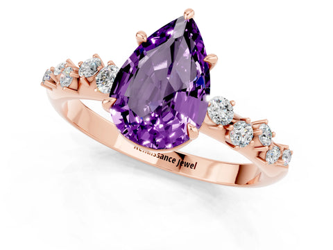 Rose gold Pear Cut Amethyst Cluster Side Stone Solitaire Ring with Prong Setting_25