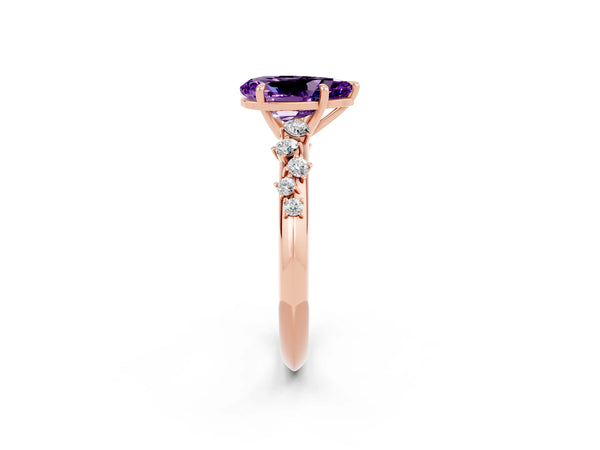 Rose gold Pear Cut Amethyst Cluster Side Stone Solitaire Ring with Prong Setting