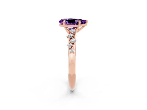 Rose gold Pear Cut Amethyst Cluster Side Stone Solitaire Ring with Prong Setting_26