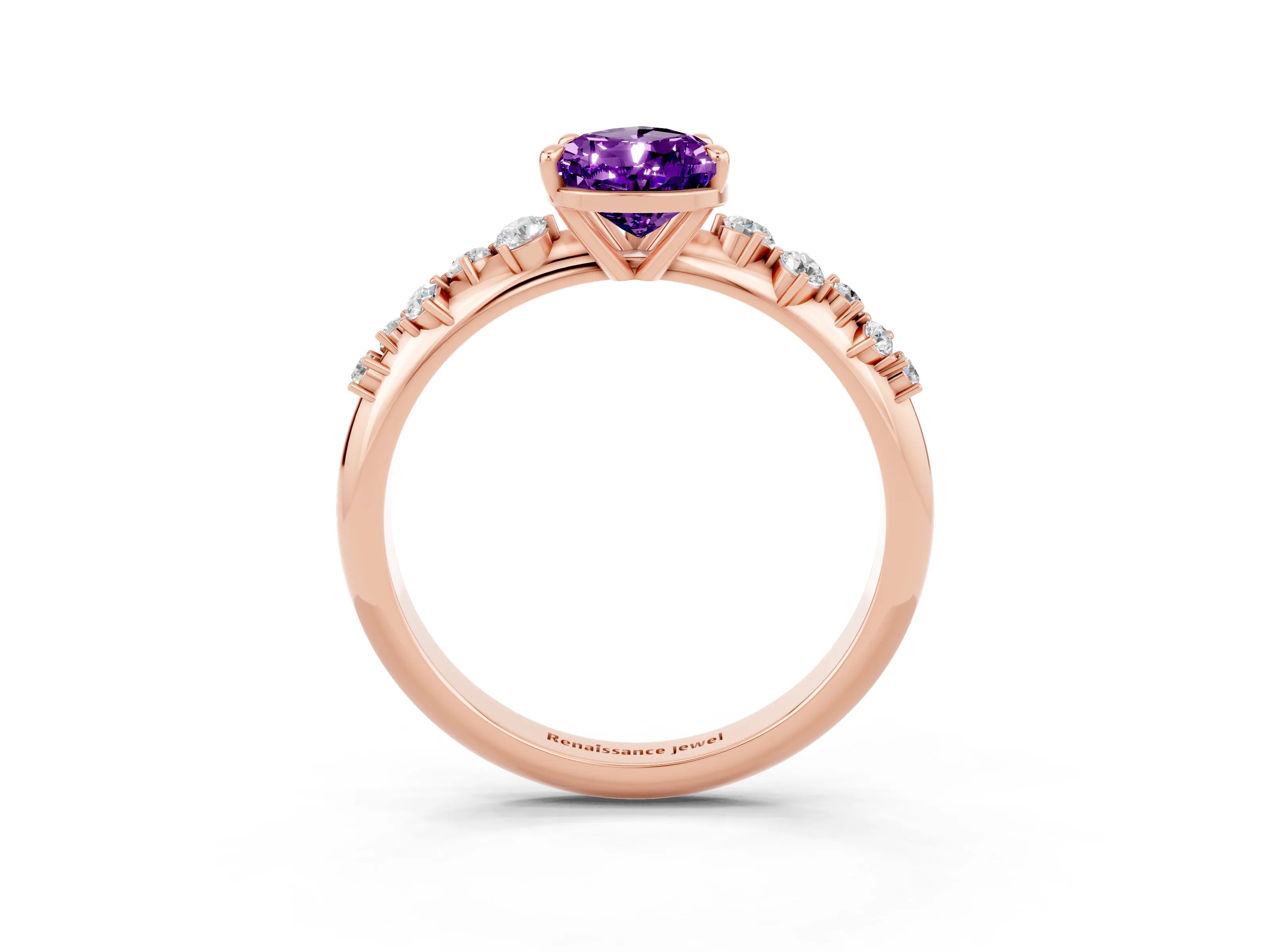 Rose gold Pear Cut Amethyst Cluster Side Stone Solitaire Ring with Prong Setting_27