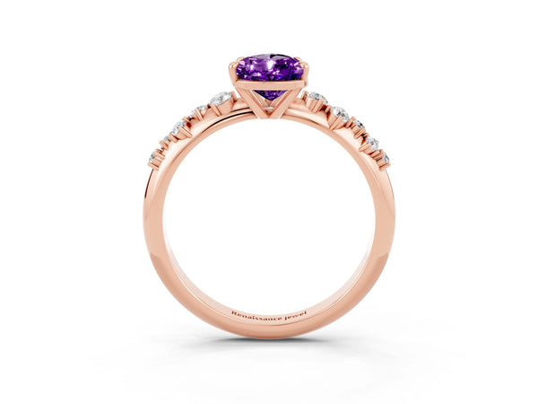 Rose gold Pear Cut Amethyst Cluster Side Stone Solitaire Ring with Prong Setting