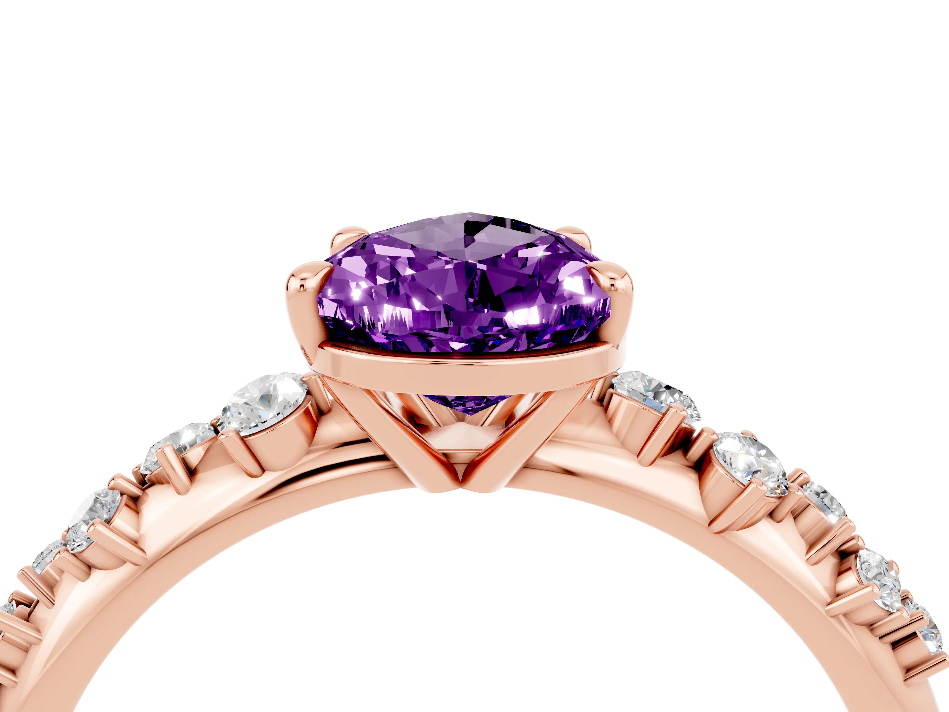 Rose gold Pear Cut Amethyst Cluster Side Stone Solitaire Ring with Prong Setting_28
