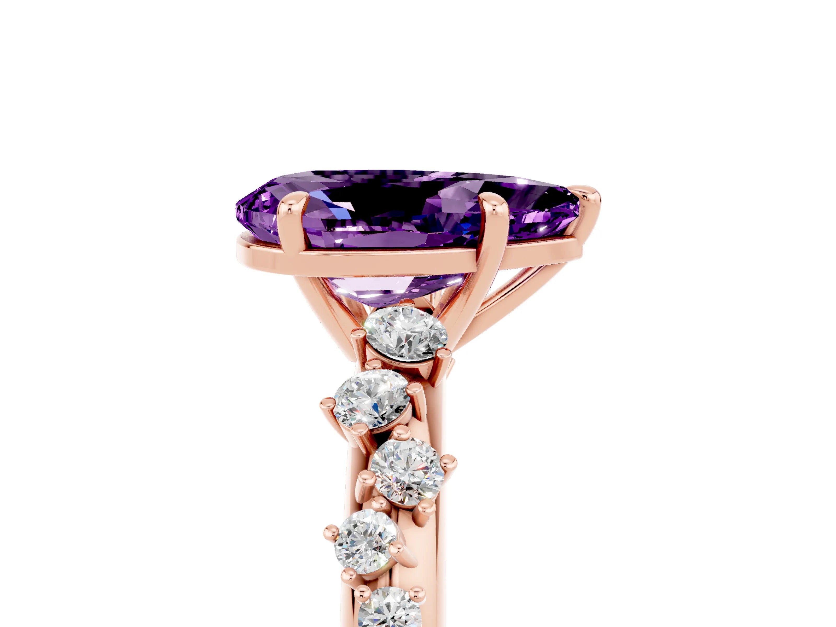 Rose gold Pear Cut Amethyst Cluster Side Stone Solitaire Ring with Prong Setting_29