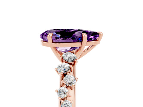 Rose gold Pear Cut Amethyst Cluster Side Stone Solitaire Ring with Prong Setting_29