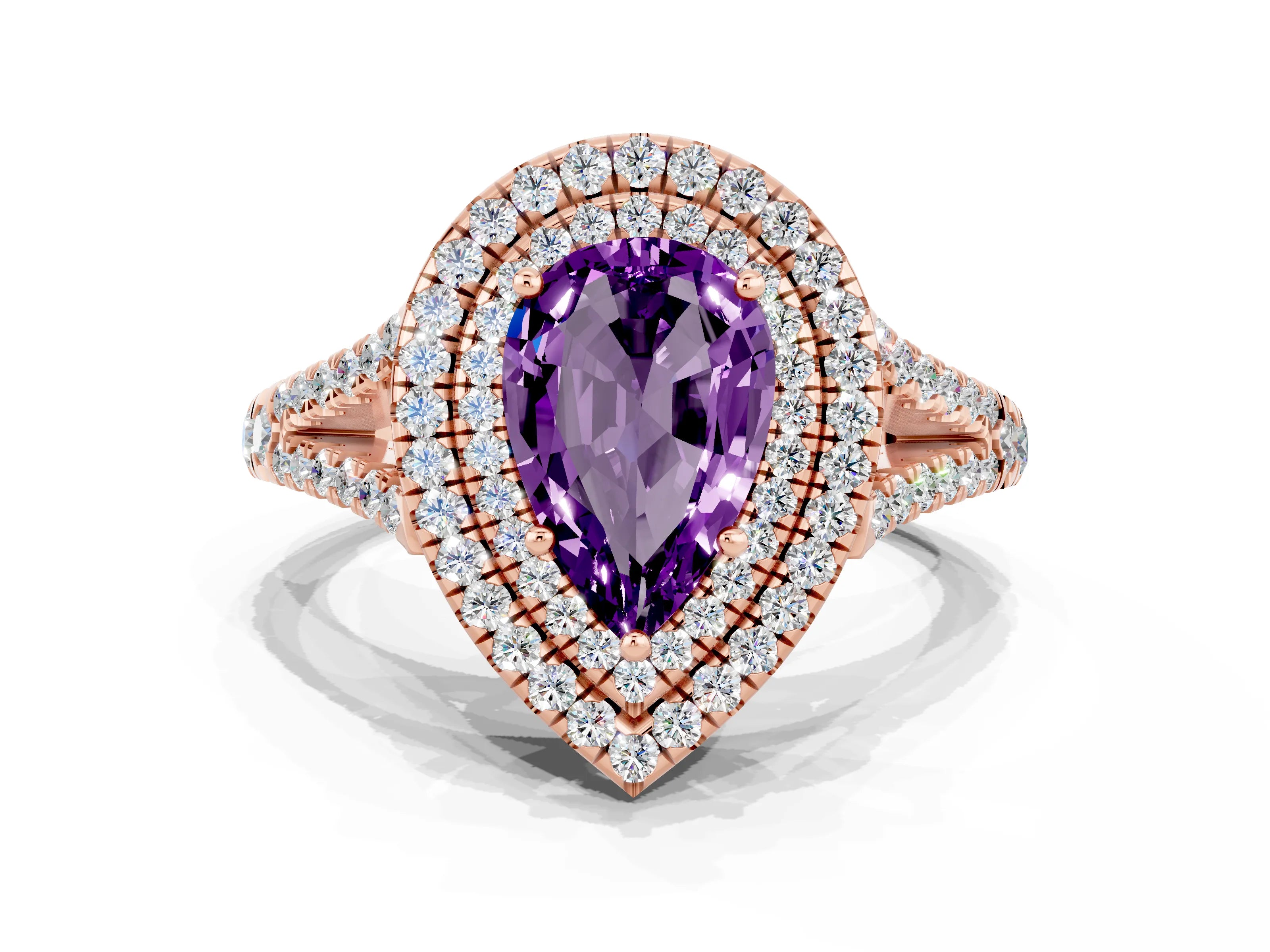 Rose gold Pear Cut Amethyst Double Halo Ring with Pavé Band and Prong Setting_12