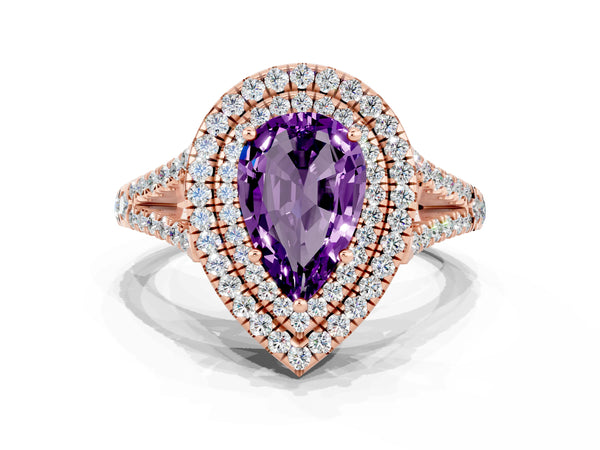 Rose gold Pear Cut Amethyst Double Halo Ring with Pavé Band and Prong Setting