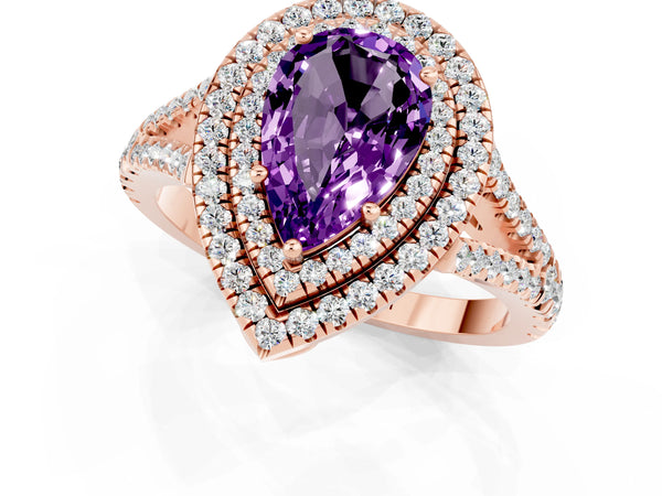 Rose gold Pear Cut Amethyst Double Halo Ring with Pavé Band and Prong Setting