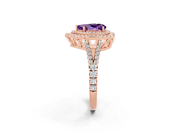 Rose gold Pear Cut Amethyst Double Halo Ring with Pavé Band and Prong Setting