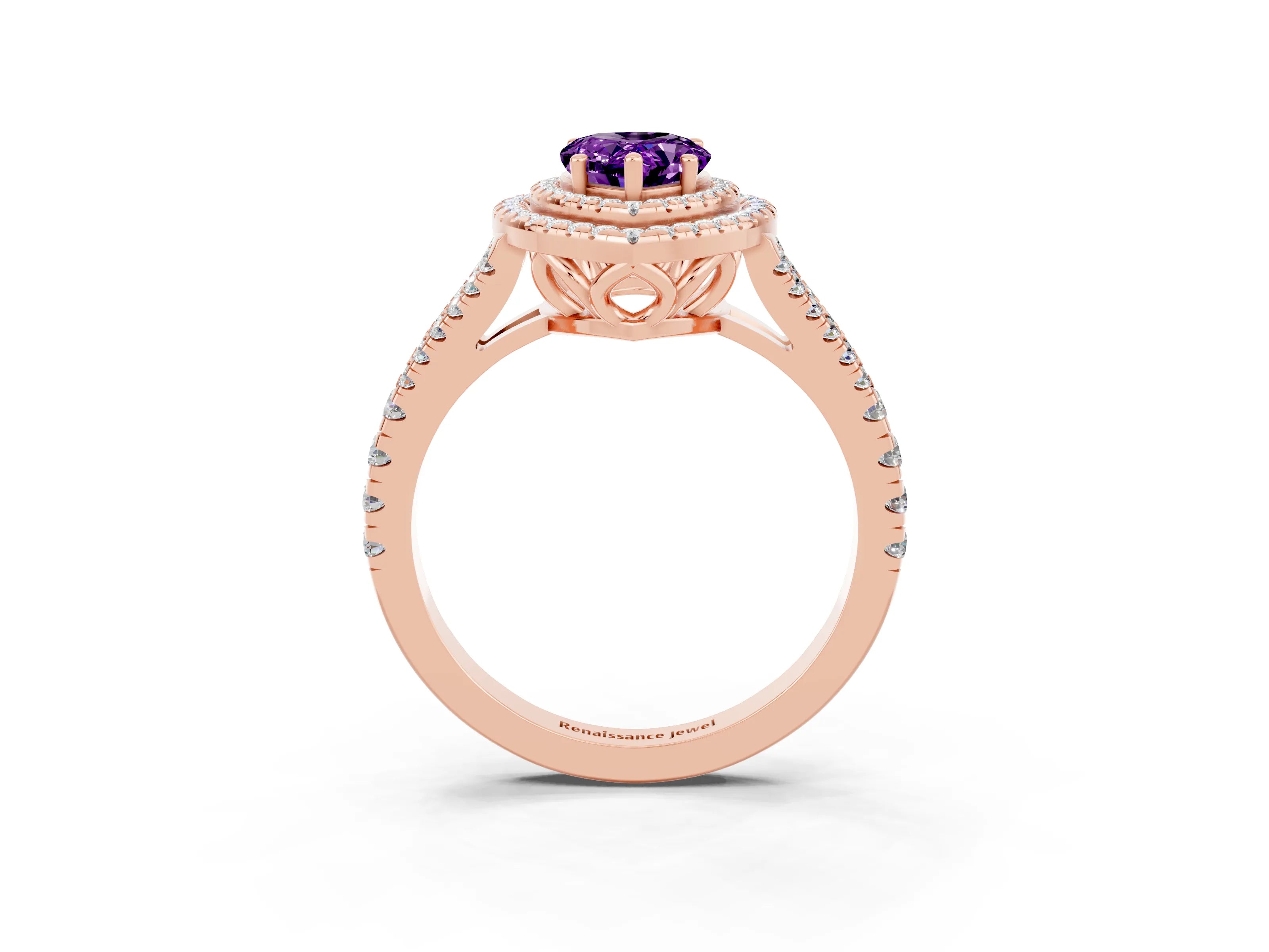 Rose gold Pear Cut Amethyst Double Halo Ring with Pavé Band and Prong Setting_15