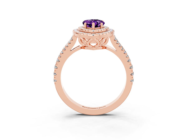 Rose gold Pear Cut Amethyst Double Halo Ring with Pavé Band and Prong Setting
