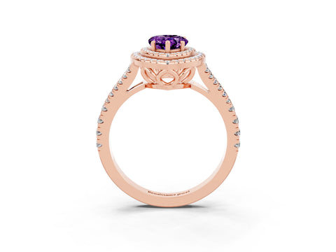 Rose gold Pear Cut Amethyst Double Halo Ring with Pavé Band and Prong Setting_15