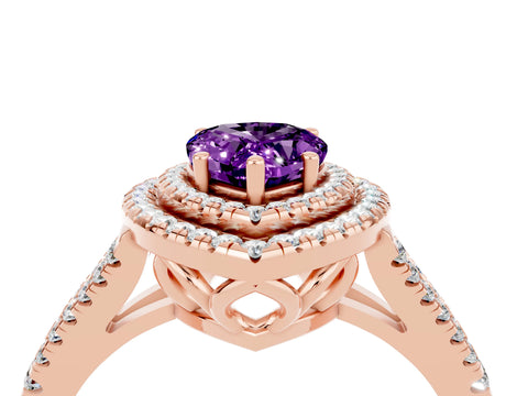 Rose gold Pear Cut Amethyst Double Halo Ring with Pavé Band and Prong Setting_16
