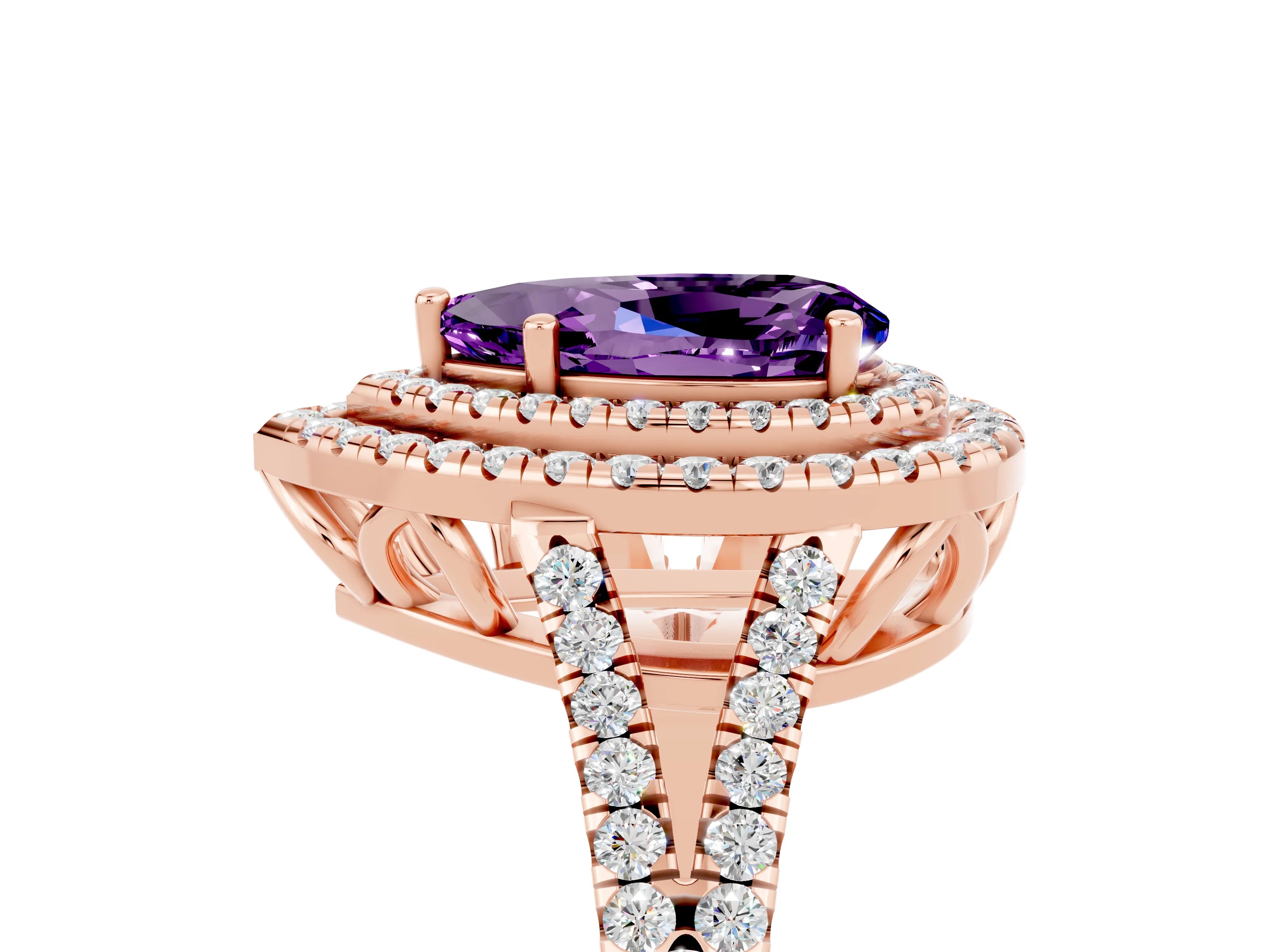 Rose gold Pear Cut Amethyst Double Halo Ring with Pavé Band and Prong Setting_17