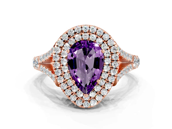 Rose gold Pear Cut Amethyst Double Halo Ring with Split Shank and Prong Setting