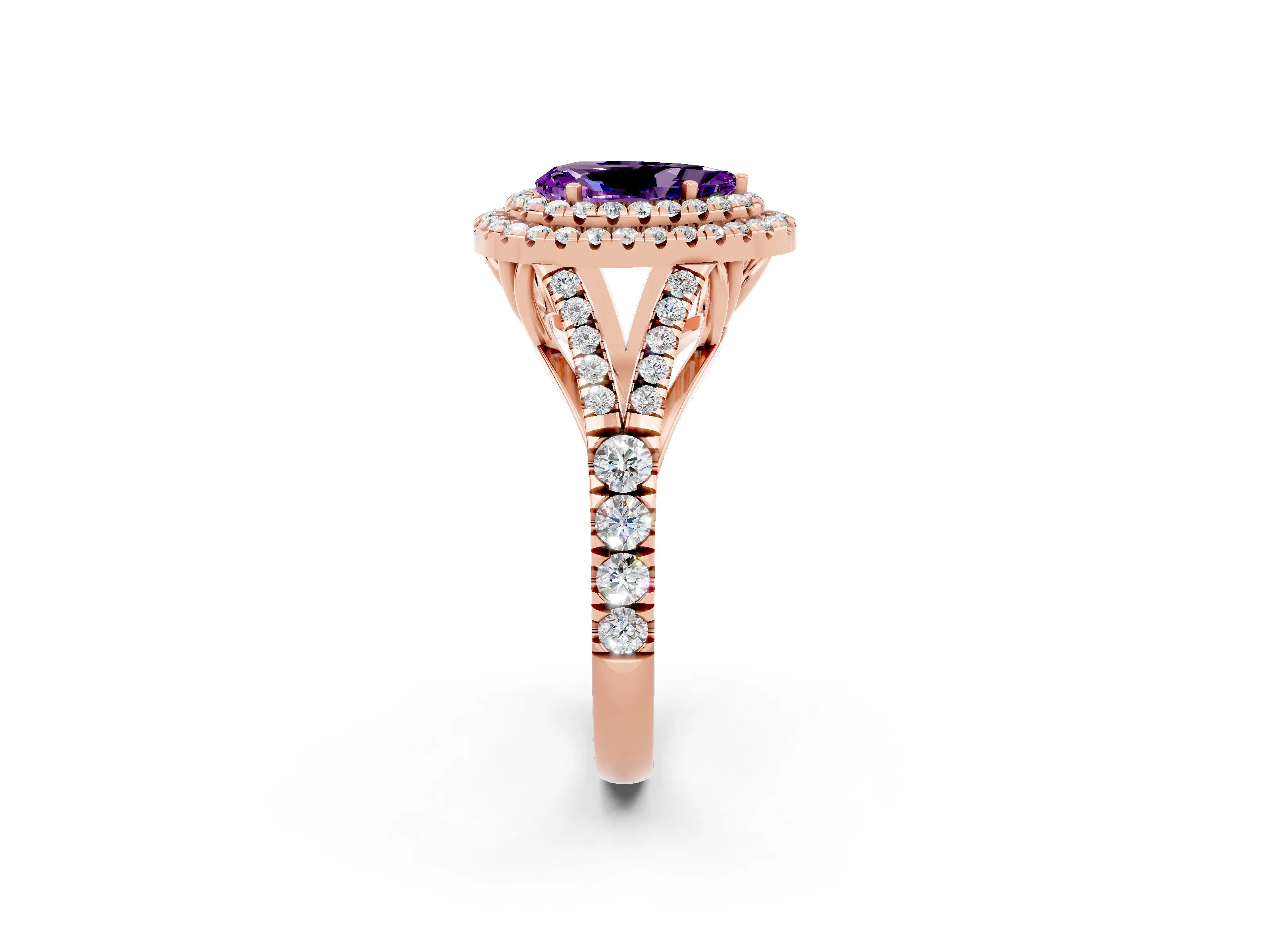 Rose gold Pear Cut Amethyst Double Halo Ring with Split Shank and Prong Setting_14